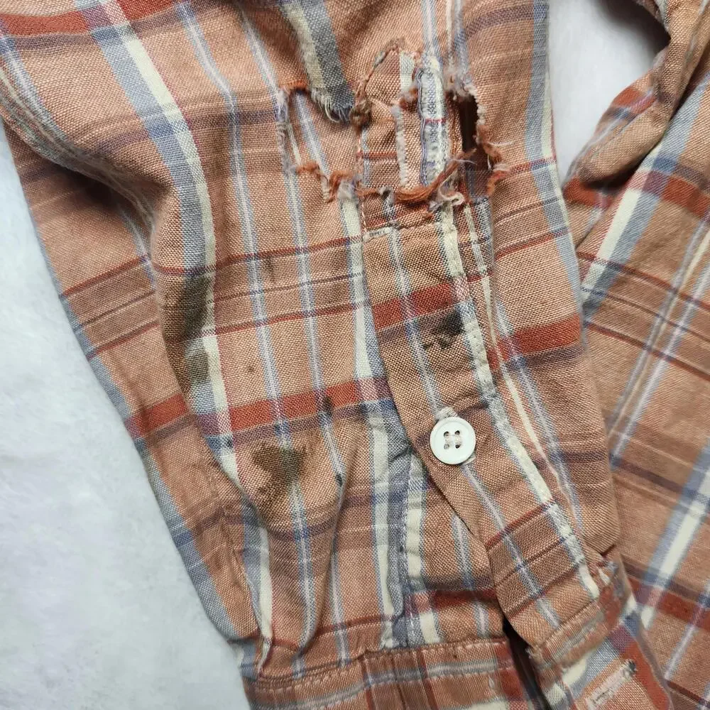 Vtg‎ Levi's M Brown Plaid Button Down Shirt Distressed Stains & Rips 22x29